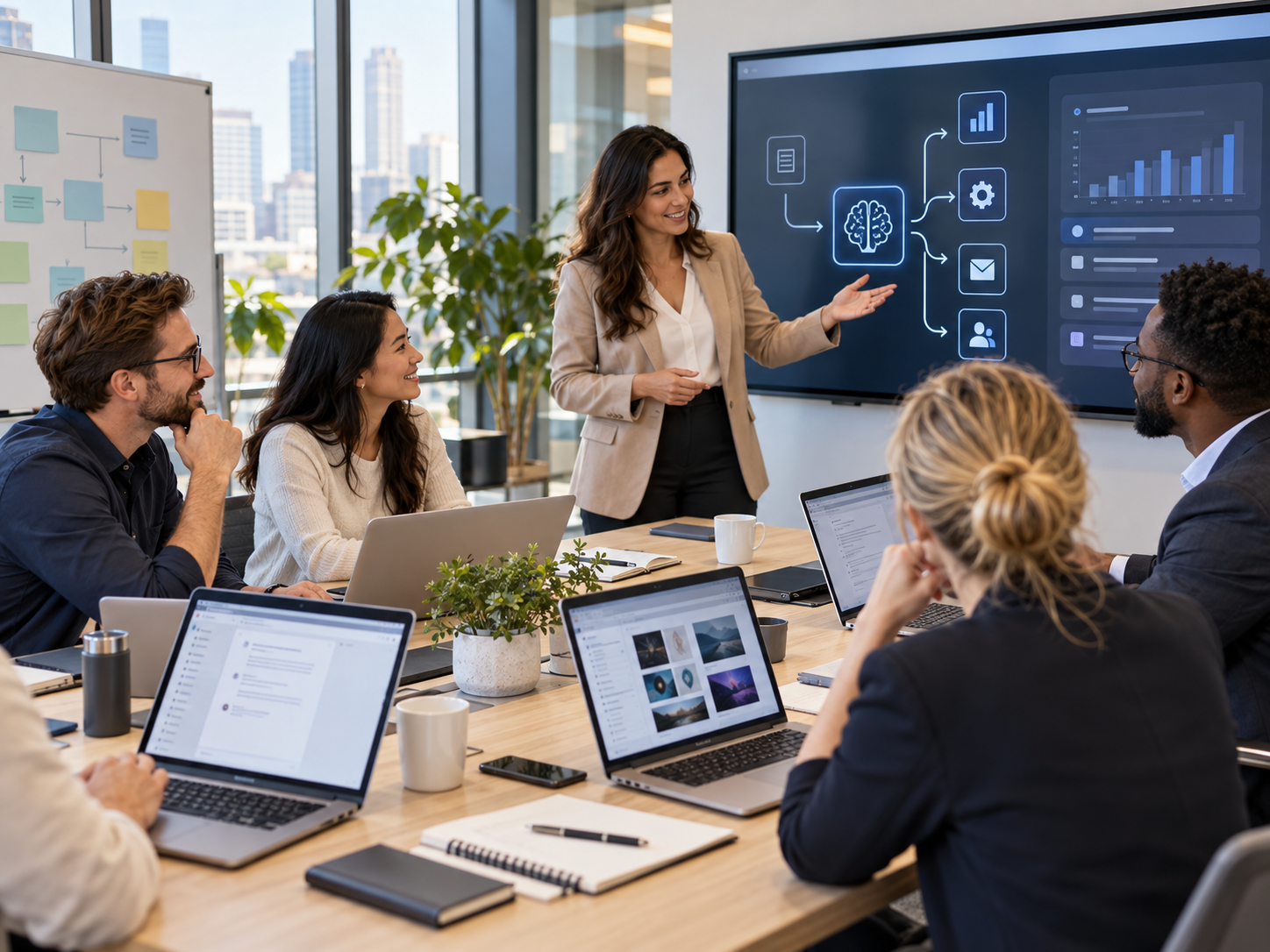 Employees collaborating in an AI innovation workshop